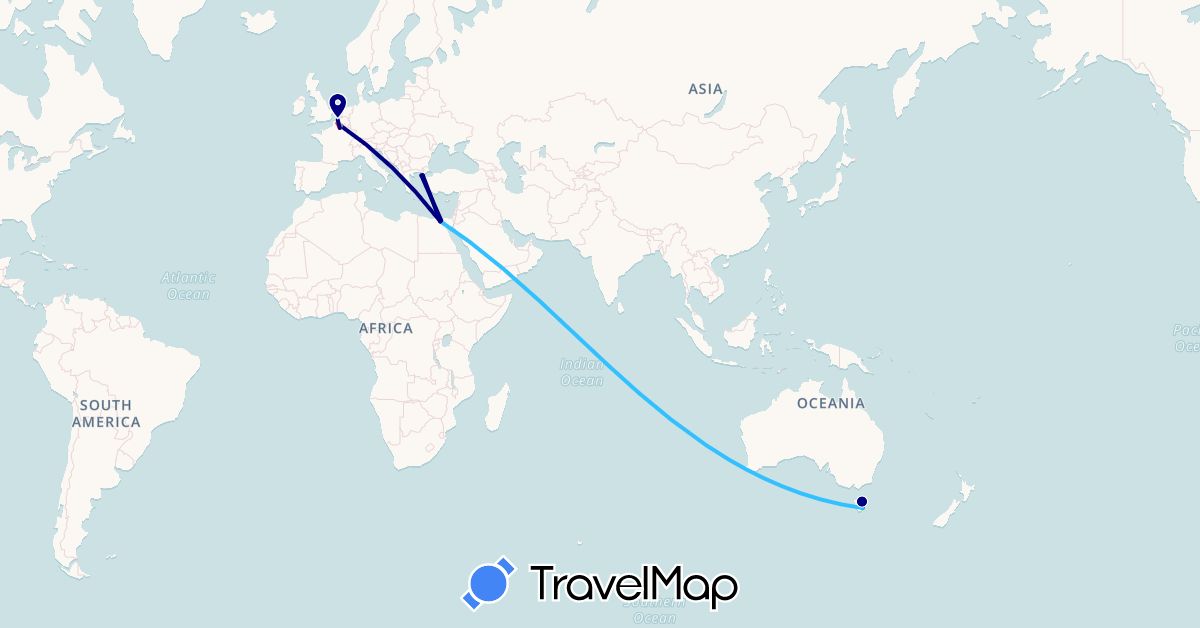 TravelMap itinerary: driving, plane, hiking, boat in Australia, Belgium, Egypt, France, Turkey (Africa, Asia, Europe, Oceania)